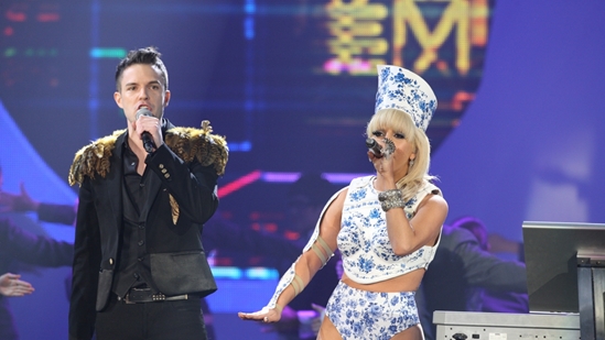 Brandon Flowers performing with Lady Gaga at The BRITs 2009