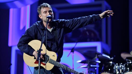 Damon Albarn performing with Blur at The BRITs 2012
