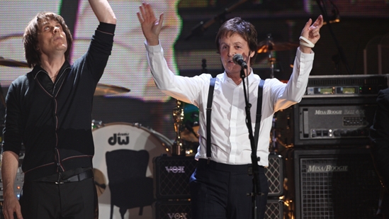 Paul McCartney performing at The BRITs 2008