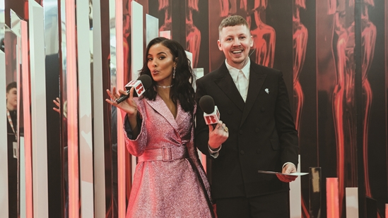 Maya Jama and Professor Green hosting the Facebook Live stream on The BRITs 2018 Red Carpet