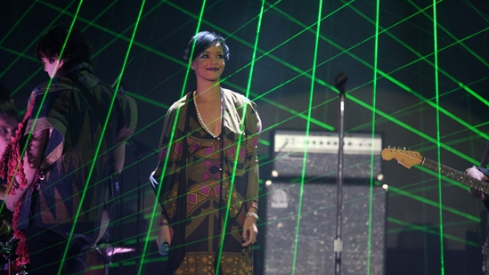 Rihanna performing 'Umbrella' with Klaxons at The BRITs 2008